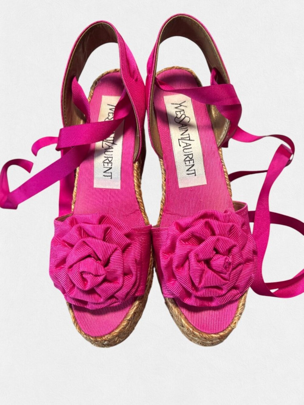 YVES SAINT LAURENT FUCHSIA FLORAL RIBBON ESPADRILLE WEDGES